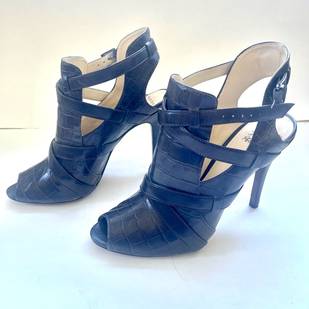 Alexander Birman Crocodile Effect Peep Toe Sandal Heels